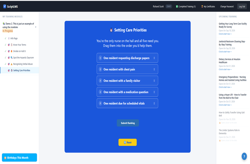 Staff ranking items in a Rank Your Priority training activity in ScriptLMS